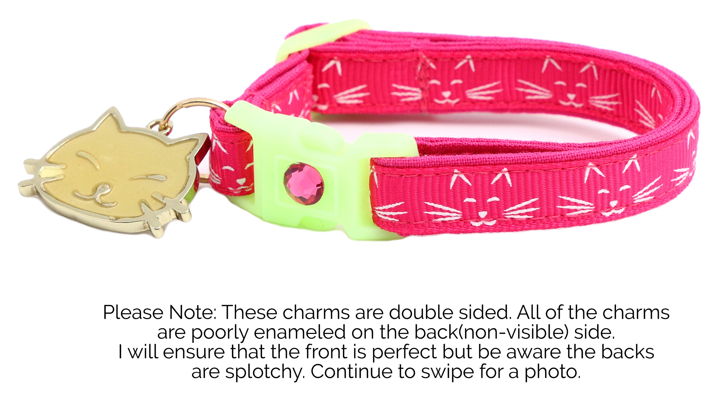 A glowing cat faces breakaway collar made of reinforced cotton, featuring a bell and charm, perfect for nighttime visibility.